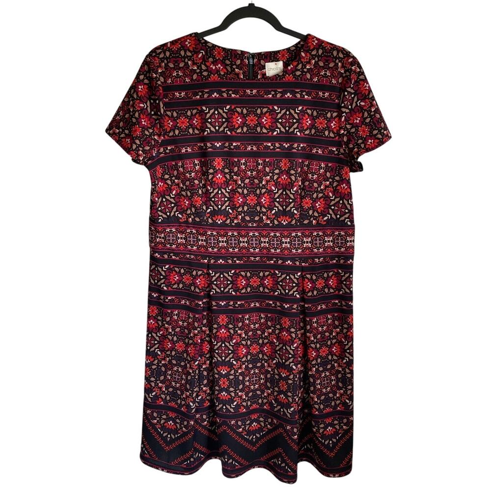 Chico’s Folk Floral Fit and Flare Dress Sz L Red Black Boho Chic Whimsigoth
